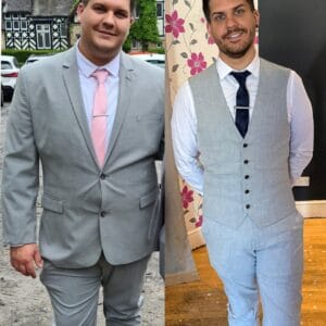 A man confidently wearing a stunning event suit 12 months after his sleeve gastrectomy, displaying his permanent body contour transformation.