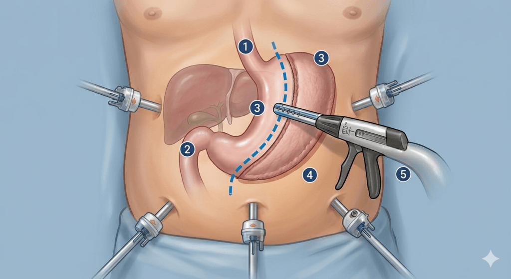 A close-up graphic of a medical professional explaining a laparoscopic sleeve gastrectomy procedure, emphasizing how removing part of the stomach suppresses hunger hormones for permanent weight loss.
