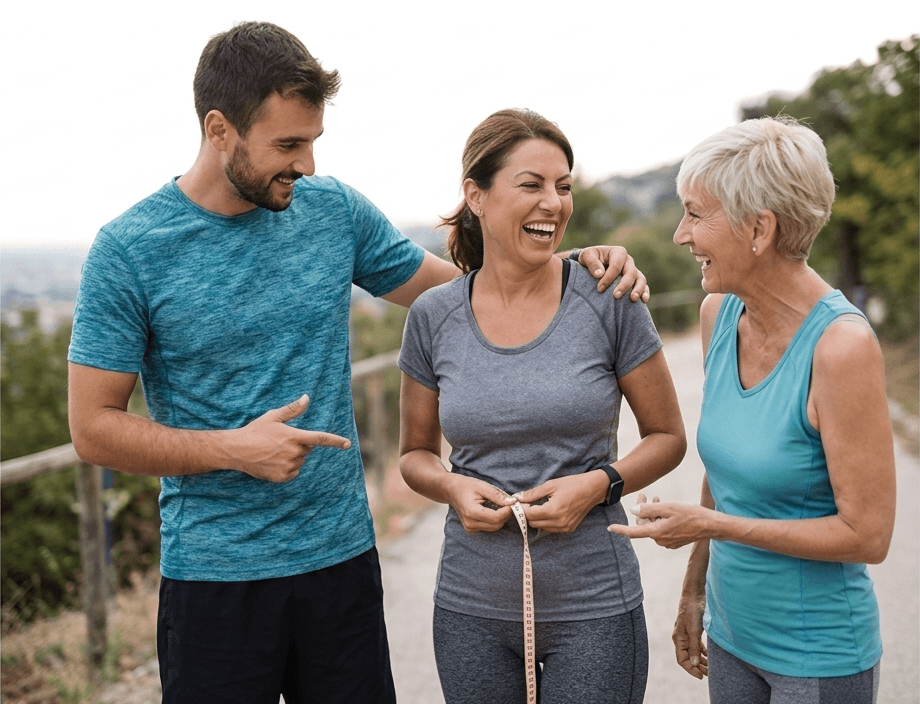A smiling, confident woman and a well-groomed man enjoying a sunny day, showcasing natural cosmetic and hair restoration results.