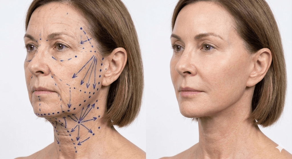 An expert facial plastic surgeon carefully mapping a patient’s midface and jawline with surgical guidelines prior to a structural refresh.