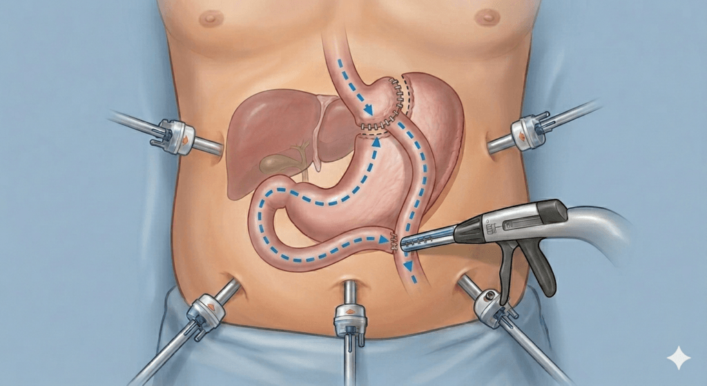 An expert bariatric team utilizing state-of-the-art laparoscopic equipment to perform a Roux-en-Y gastric bypass surgery, focusing on creating a small stomach pouch to treat severe obesity and Type 2 Diabetes.