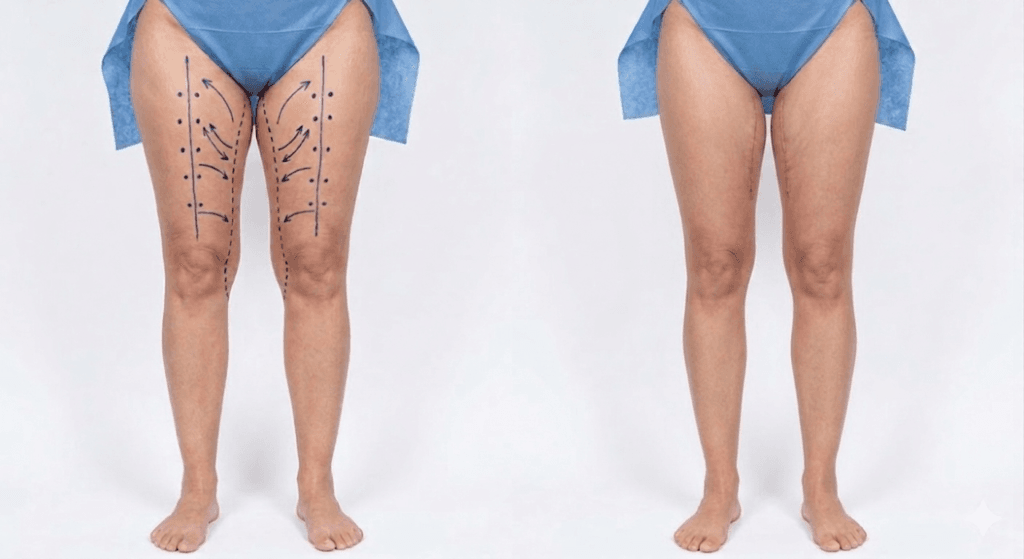 A close-up profile of a patient's upper legs in tight athletic clothing, showing firm, smooth inner and outer thigh contours.