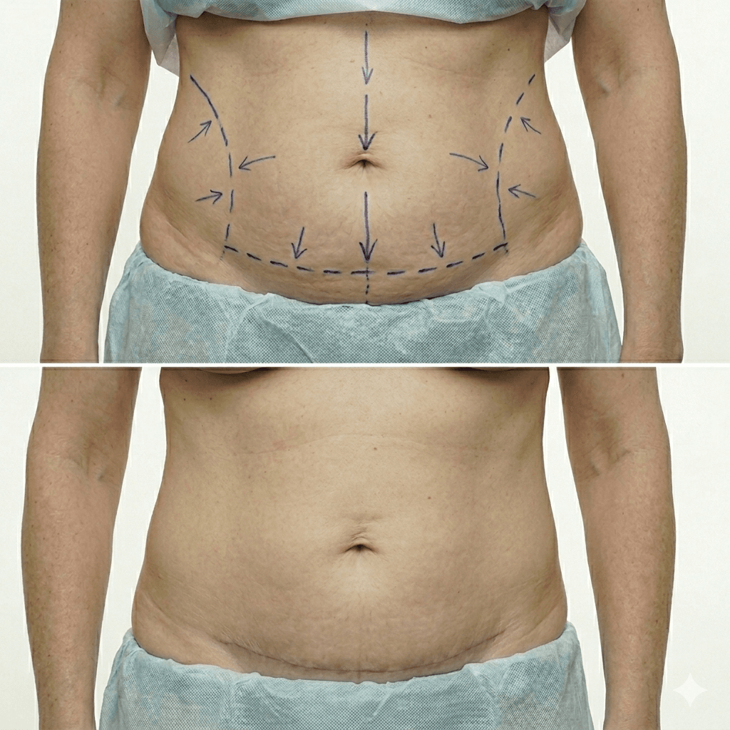 A toned midsection following a partial abdominoplasty skin removal surgery, displaying a flat lower abdomen with no loose skin or waistband overhang.
