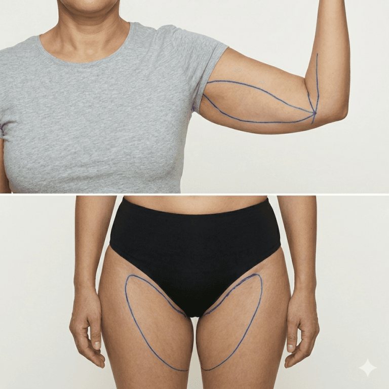A woman confidently wearing a sleeveless top, showcasing toned, contoured arms after undergoing an upper arm lift and body contouring liposuction.