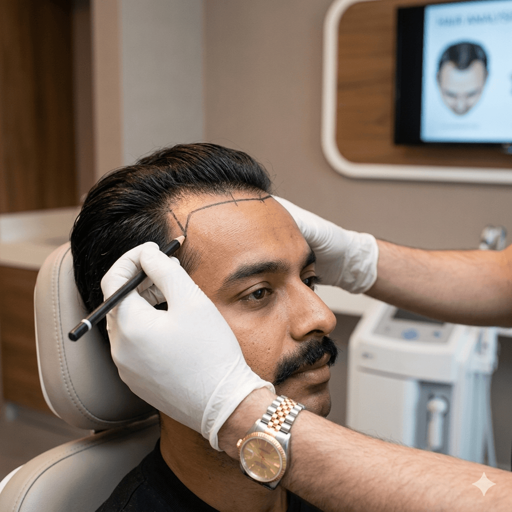 A surgeon using a specialized Choi Implanter Pen to perform a DHI hair transplant, embedding individual follicles directly into a thinning crown.