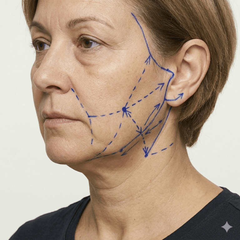 A close-up side profile of a patient displaying crisp jawline definition and beautifully lifted outer eyes, following a combined deep plane facelift and temporal lift.