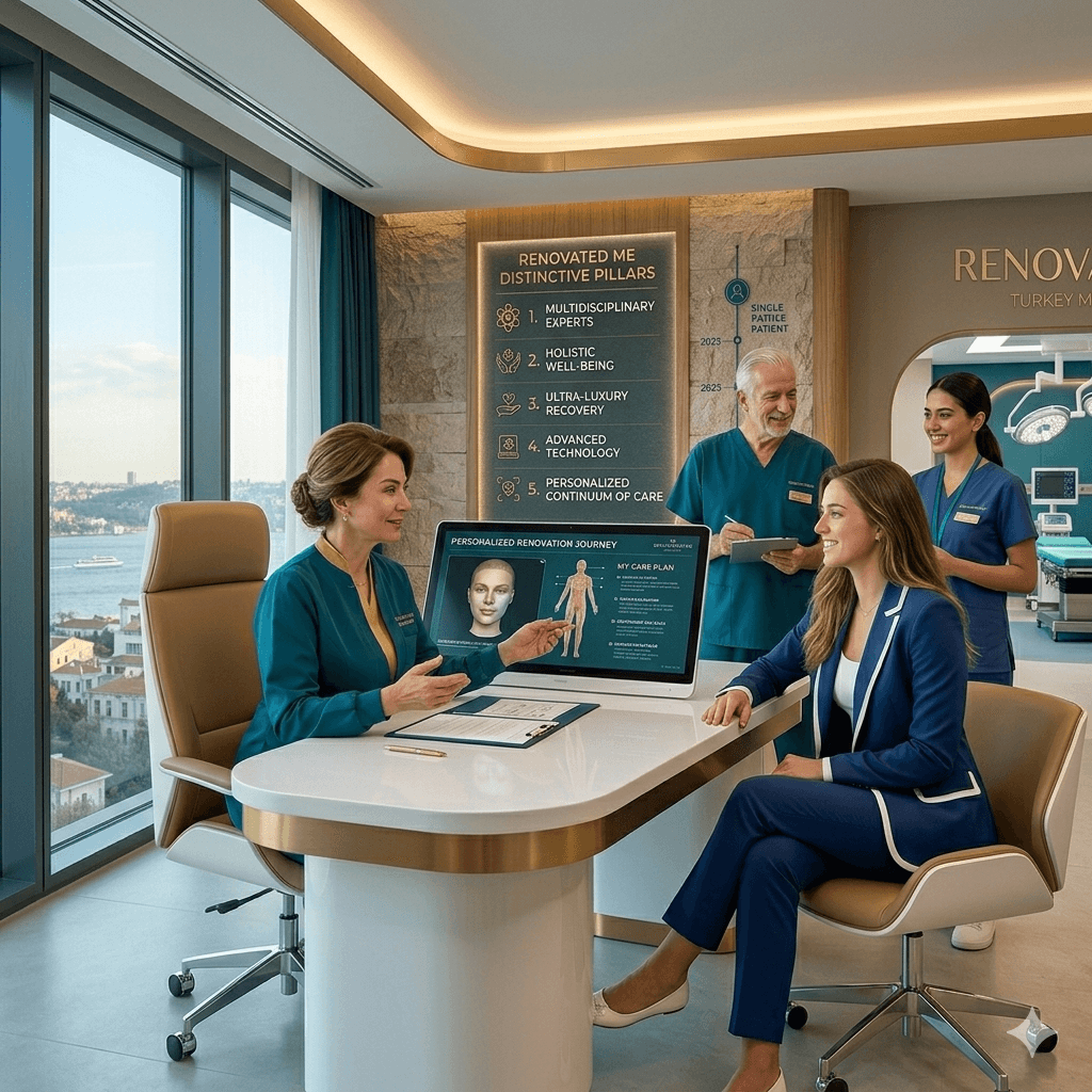 A friendly Renovatedme coordinator assisting a happy patient during their medical recovery journey in a modern facility.