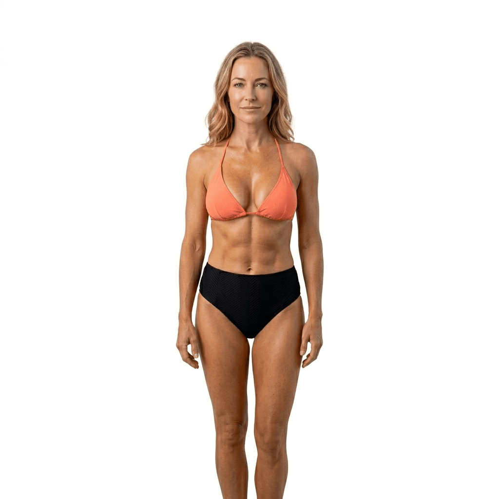 Side-by-side transformation silhouette of a UK patient after a combined mummy makeover and post weight loss surgery, showing flat abdominal contouring and restored breast volume.