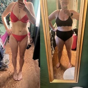 A confident, healthy person smiling radiantly down at a bathroom scale, celebrating two full years of maintaining their goal weight.