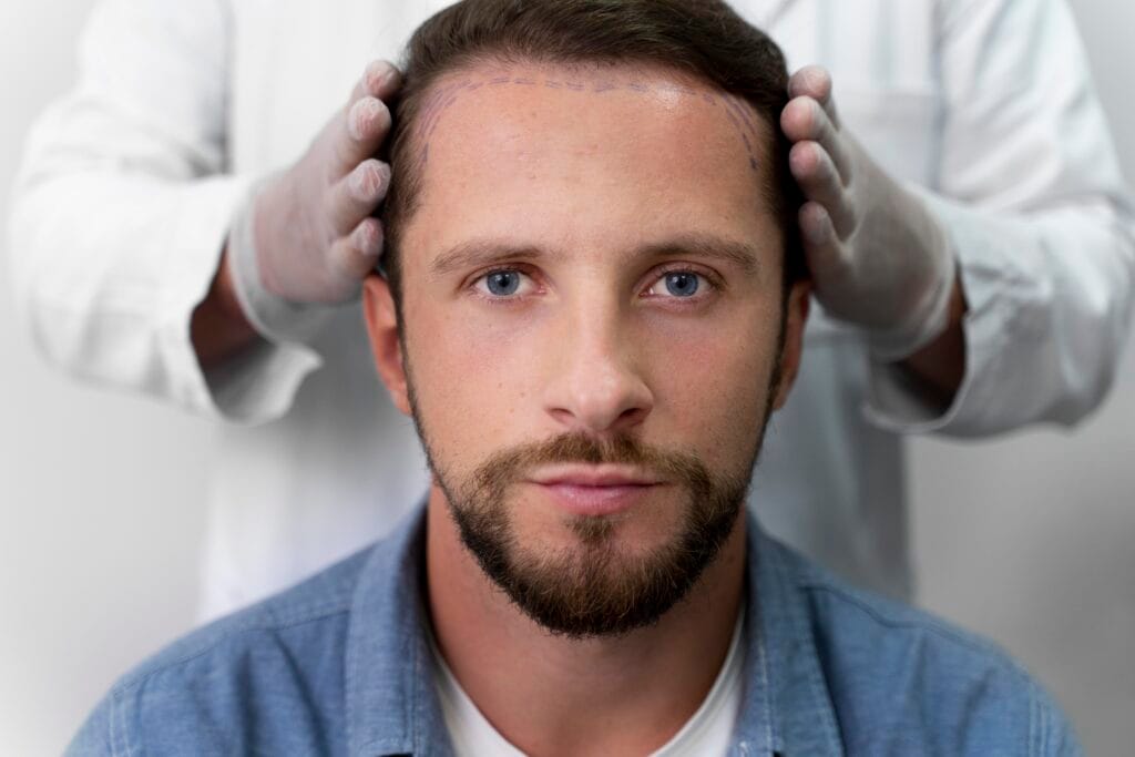 A specialized technician using micro-forceps to implant individual hair follicles into microscopically created channels on a male patient's hairline during a Sapphire FUE procedure.