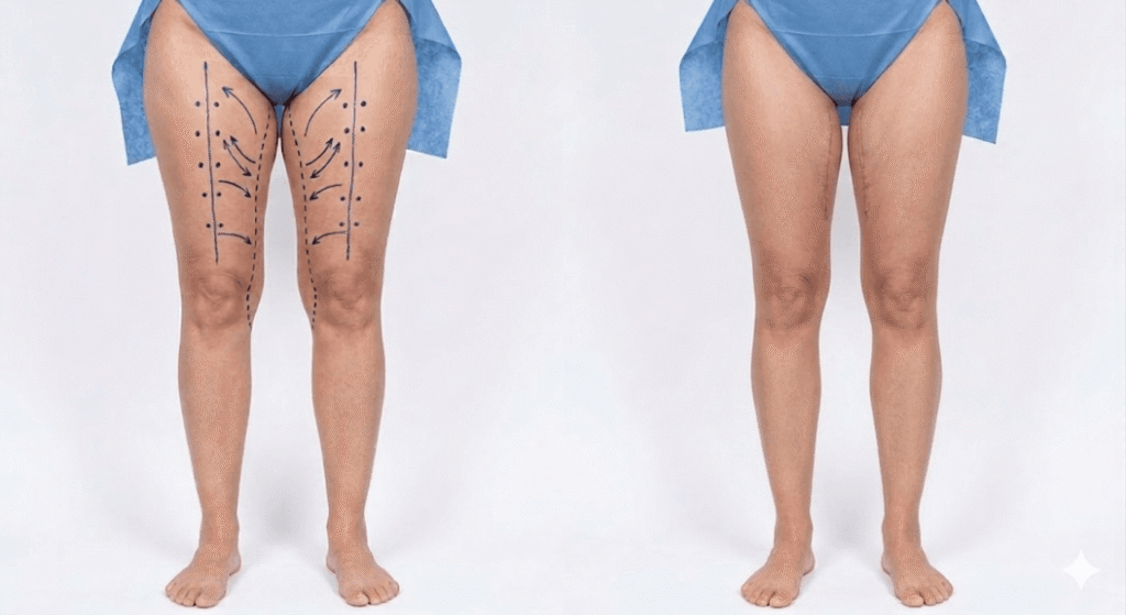 A close-up profile of a patient's upper legs in tight athletic clothing, showing firm, smooth inner and outer thigh contours.