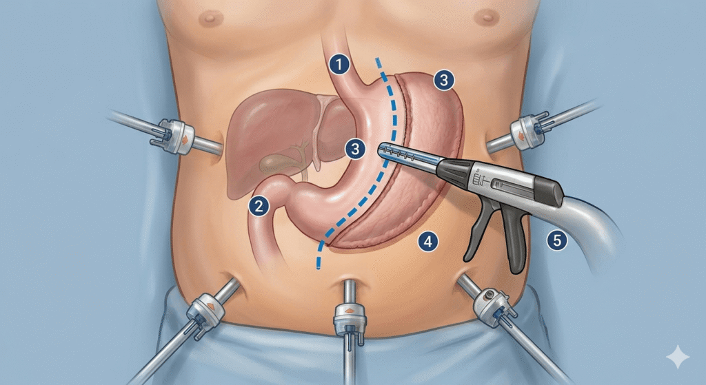 A close-up graphic of a medical professional explaining a laparoscopic sleeve gastrectomy procedure, emphasizing how removing part of the stomach suppresses hunger hormones for permanent weight loss.