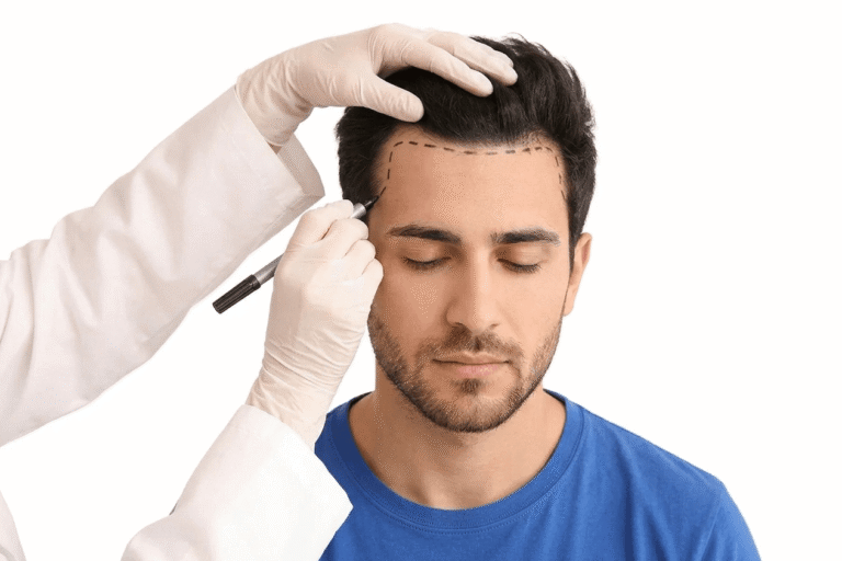 A specialist performing a follicular unit extraction (FUE) hair transplant procedure.